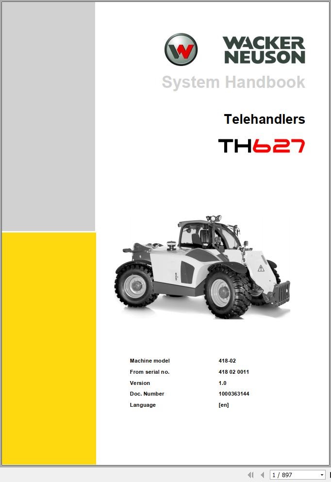 Wacker Neuson Telehandlers TH627 System Handbook Operators Serivce Parts Manual 1000390444 EN FR DE 1