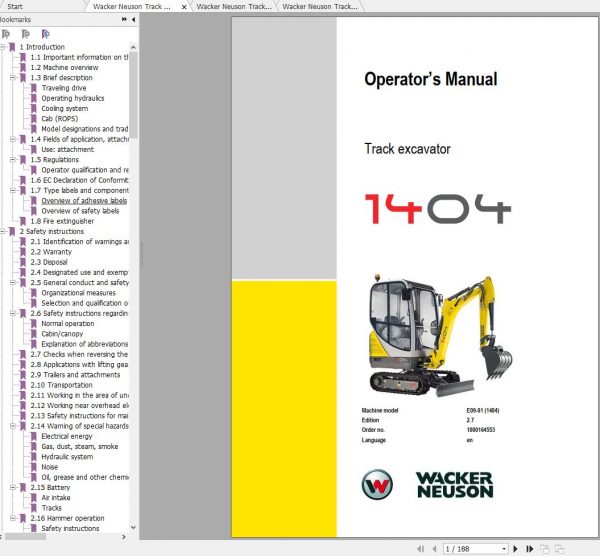 Wacker Neuson Track Excavators 1404 Operator Service Manual Spare Parts Catalog 1