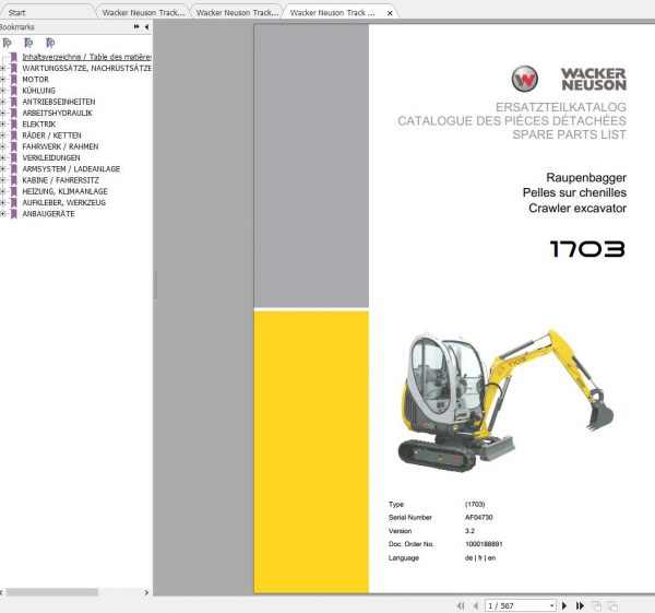 Wacker Neuson Track Excavators 1703 Operator Service Manual Spare Parts Catalog 2