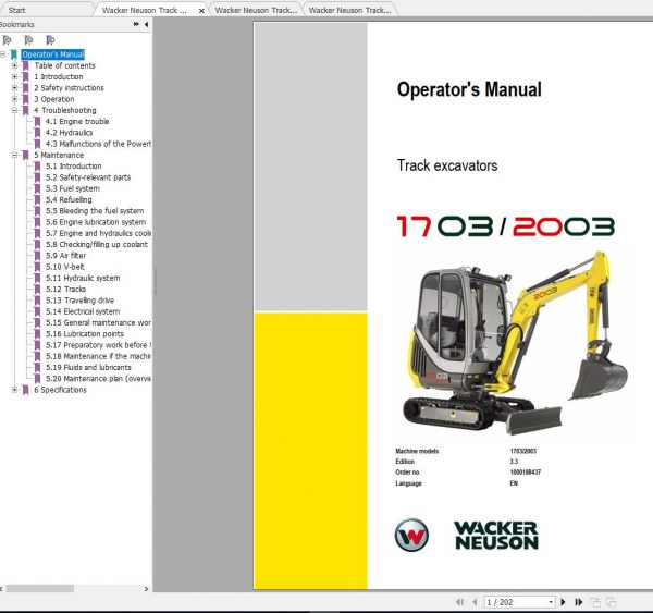 Wacker Neuson Track Excavators 2003 Operator Service Manual Spare Parts Catalog 1