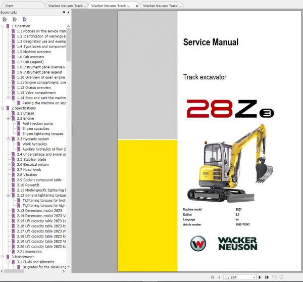 Wacker Neuson Track Excavators 28Z3 Operator Service Manual Spare Parts Catalog 1