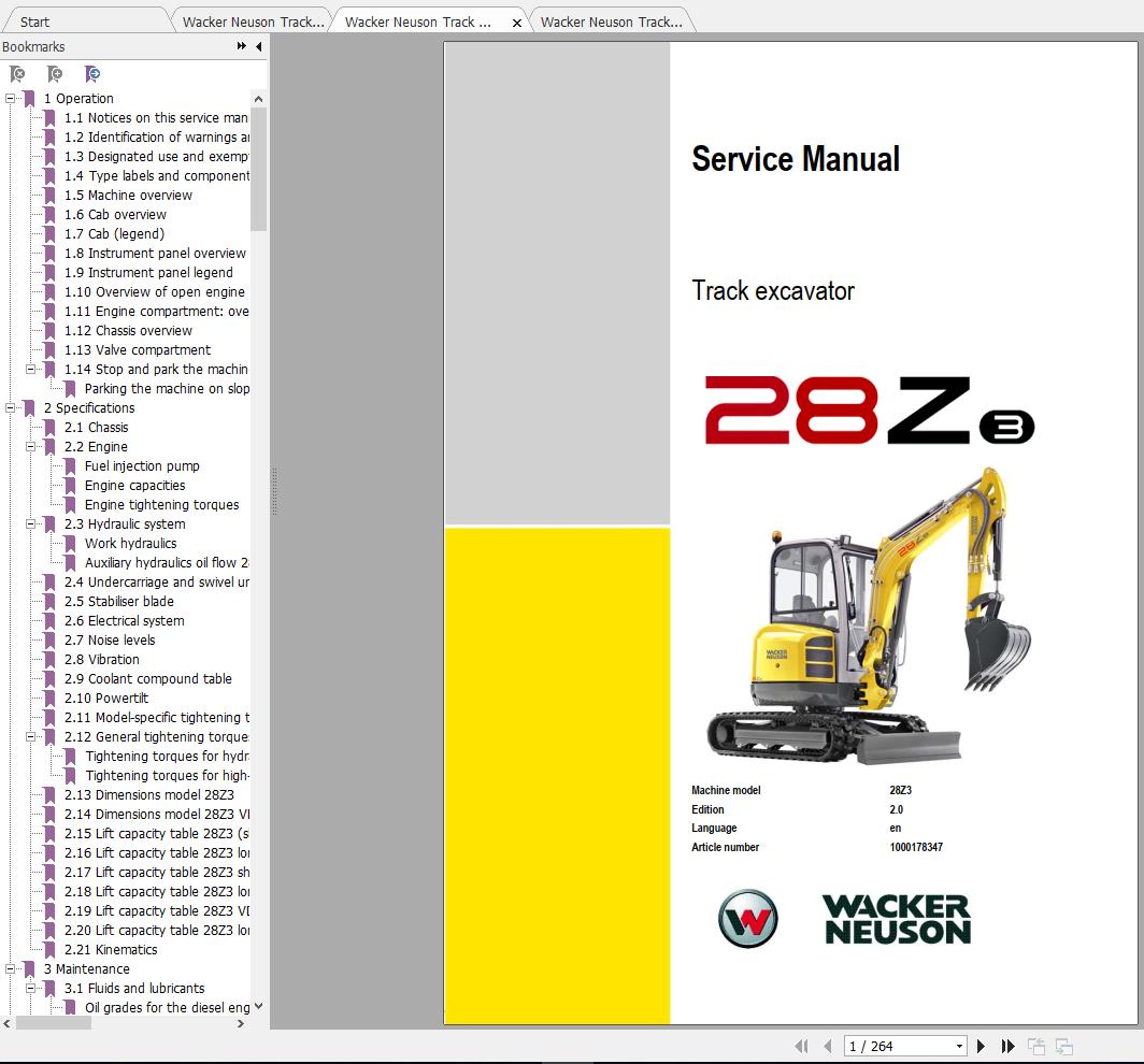 Wacker Neuson Track Excavators 28Z3 Operator Service Manual Spare Parts Catalog 1