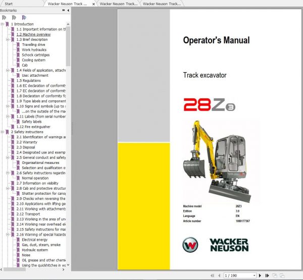 Wacker Neuson Track Excavators 28Z3 Operator Service Manual Spare Parts Catalog 2