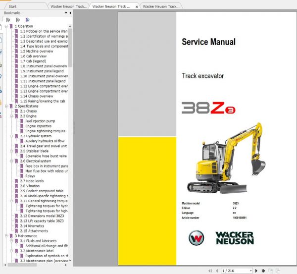 Wacker Neuson Track Excavators 38Z3 Operator Service Manual Spare Parts Catalog 2