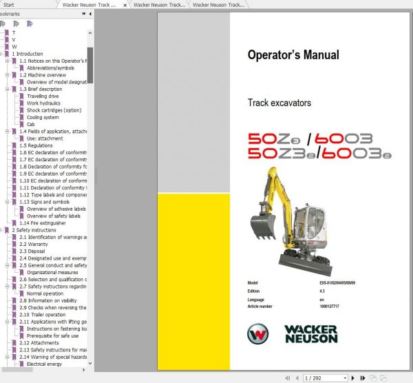 Wacker Neuson Track Excavators 50Z3 Operator Service Manual Spare Parts Catalog 1
