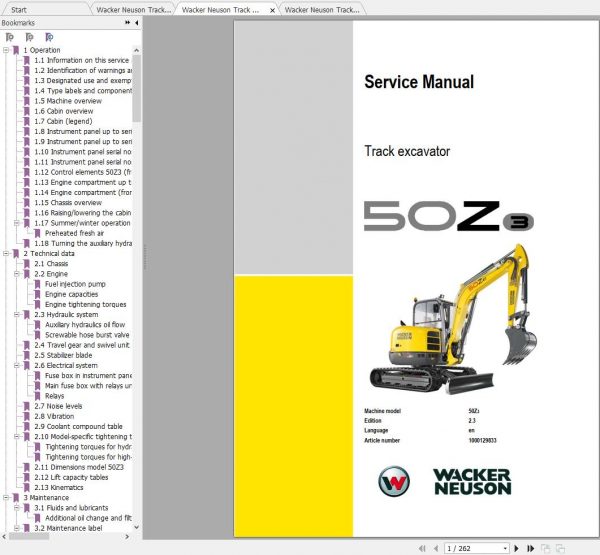Wacker Neuson Track Excavators 50Z3 Operator Service Manual Spare Parts Catalog 2