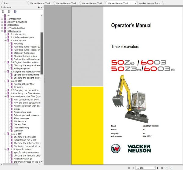 Wacker Neuson Track Excavators 6003 Operator Service Manual Spare Parts Catalog 1