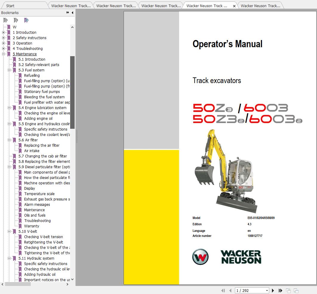 Wacker Neuson Track Excavators 6003 Operator Service Manual Spare Parts Catalog 1
