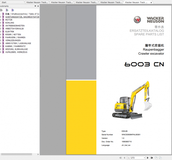 Wacker Neuson Track Excavators 6003 Operator Service Manual Spare Parts Catalog 3