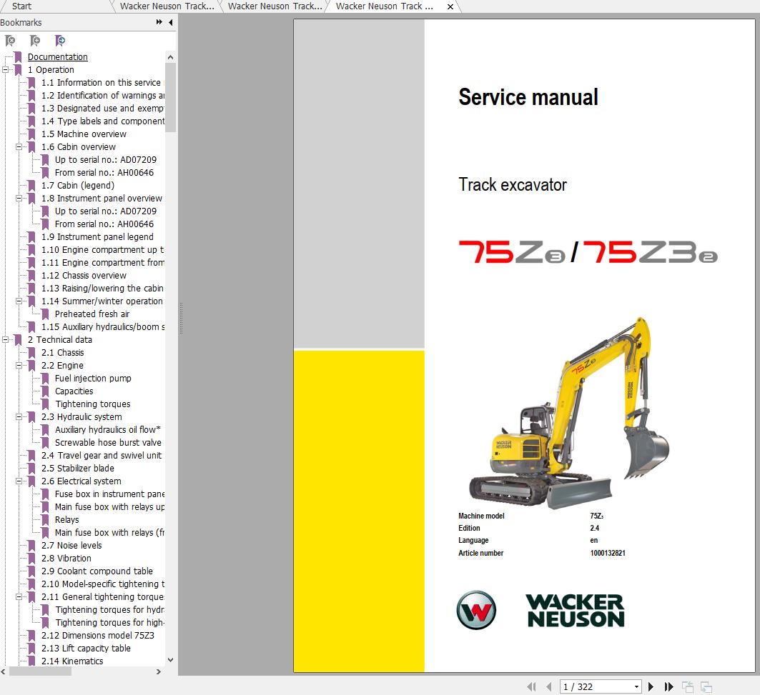 Wacker Neuson Track Excavators 75Z3 Operator Service Manual Spare Parts Catalog 1