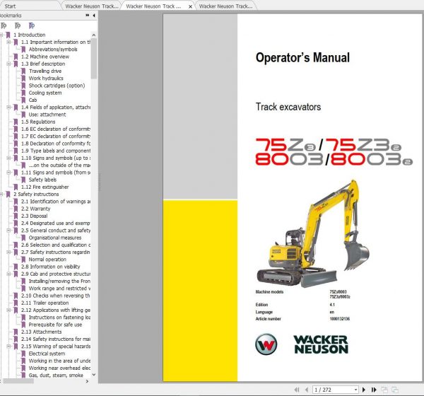 Wacker Neuson Track Excavators 75Z3 Operator Service Manual Spare Parts Catalog 2