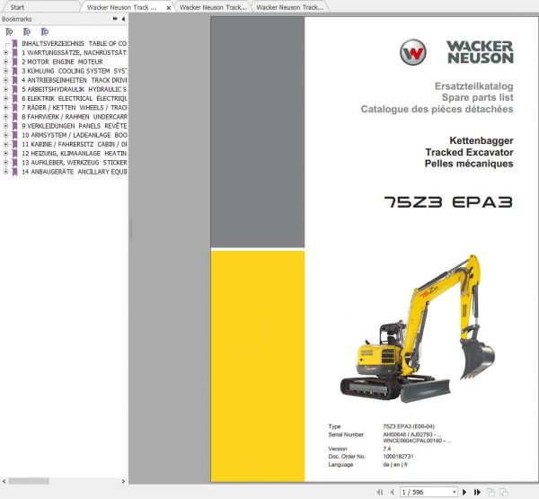 Wacker Neuson Track Excavators 75Z3 Operator Service Manual Spare Parts Catalog 3