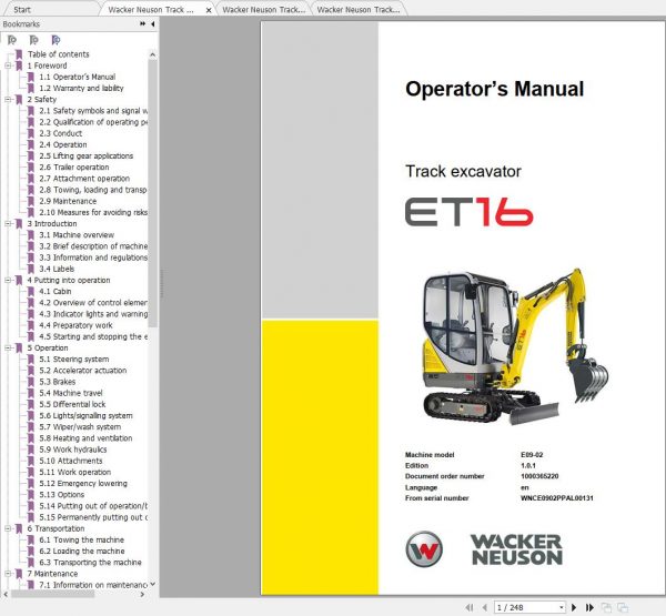 Wacker Neuson Track Excavators ET16 Operator Service Manual Spare Parts Catalog 1