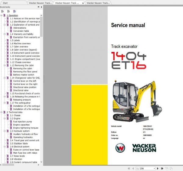 Wacker Neuson Track Excavators ET16 Operator Service Manual Spare Parts Catalog 2