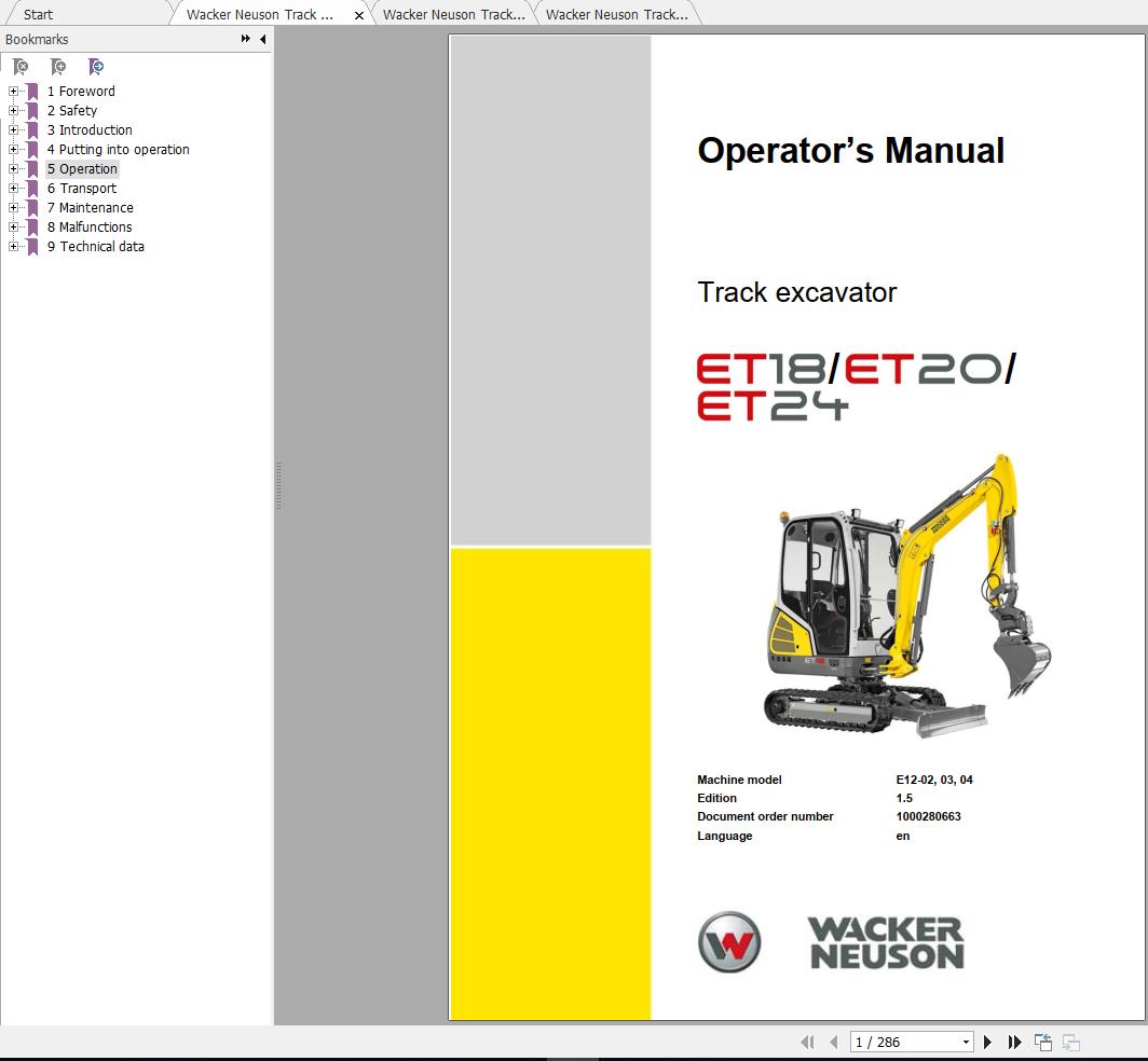 Wacker Neuson Track Excavators ET18 Operator Service Manual Spare Parts Catalog 1