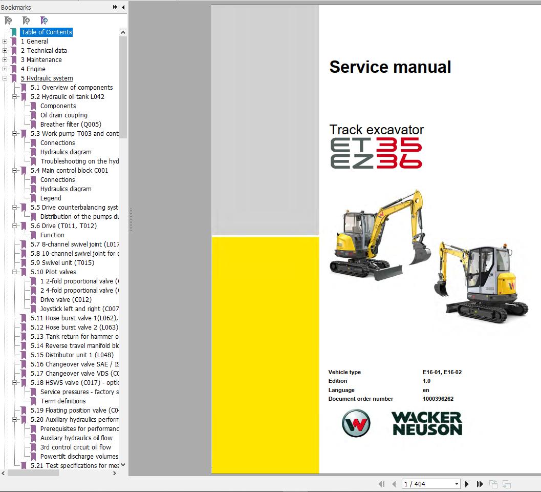 Wacker Neuson Track Excavators ET35 EZ36 Operator Service Manual Spare Parts Catalog 2