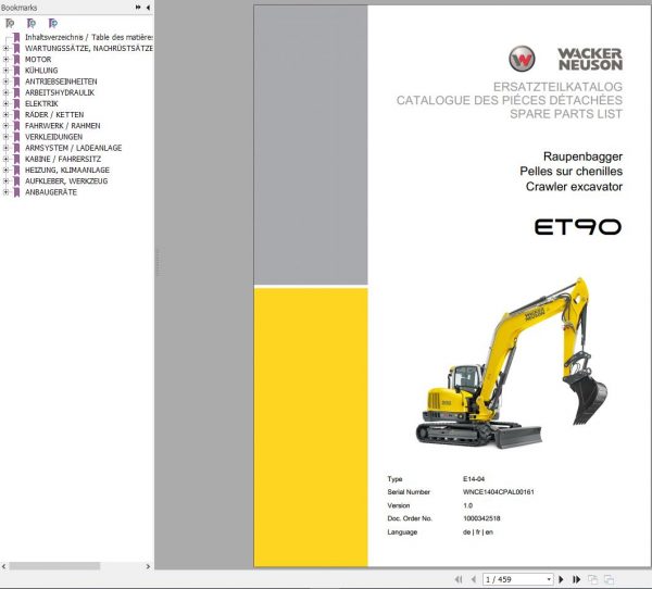 Wacker Neuson Track Excavators ET90 Operator Service Manual Spare Parts Catalog 3