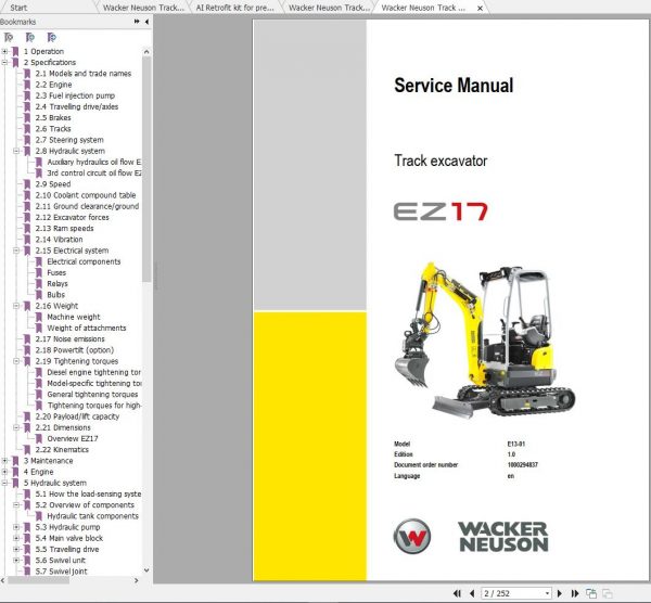 Wacker Neuson Track Excavators EZ17 CN Operator Service Manual Spare Parts Catalog 1