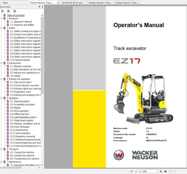 Wacker Neuson Track Excavators EZ17 CN Operator Service Manual Spare Parts Catalog 2
