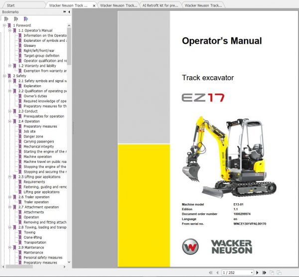 Wacker Neuson Track Excavators EZ17 Operator Service Manual Spare Parts Catalog 1