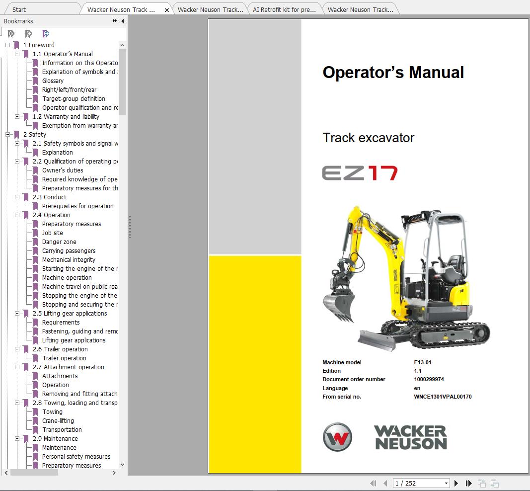 Wacker Neuson Track Excavators EZ17 Operator Service Manual Spare Parts Catalog 1