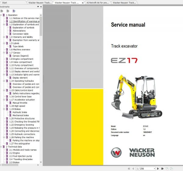 Wacker Neuson Track Excavators EZ17 Operator Service Manual Spare Parts Catalog 2