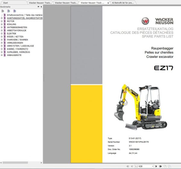 Wacker Neuson Track Excavators EZ17 Operator Service Manual Spare Parts Catalog 3