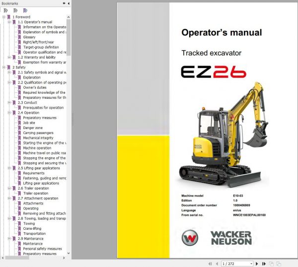 Wacker Neuson Track Excavators EZ26 Operator Service Manual Spare Parts Catalog 1