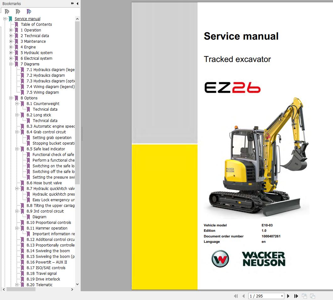 Wacker Neuson Track Excavators EZ26 Operator Service Manual Spare Parts Catalog 2