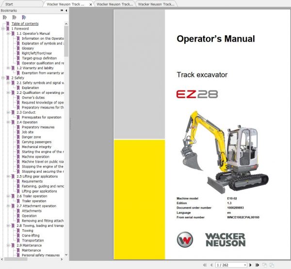 Wacker Neuson Track Excavators EZ28 Operator Service Manual Spare Parts Catalog 1