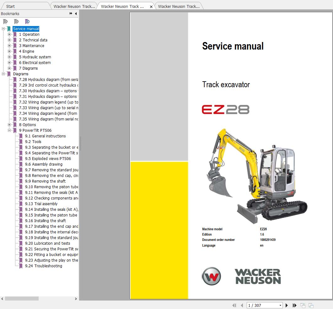 Wacker Neuson Track Excavators EZ28 Operator Service Manual Spare Parts Catalog 2