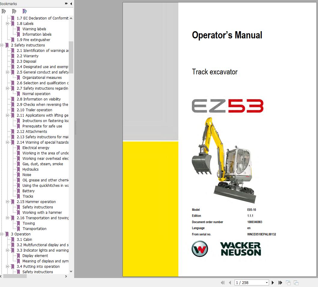 Wacker Neuson Track Excavators EZ53 Operator Service Manual Spare Parts Catalog 1