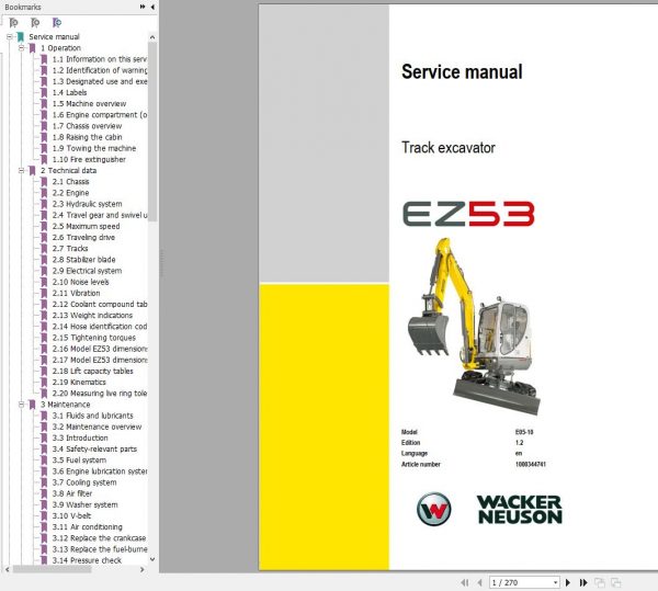Wacker Neuson Track Excavators EZ53 Operator Service Manual Spare Parts Catalog 2