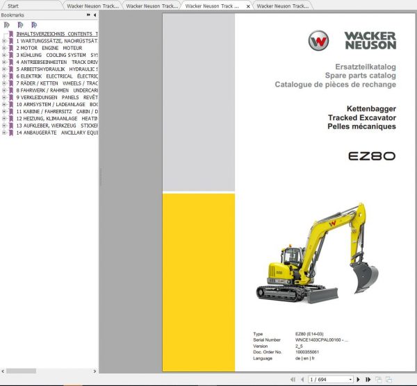 Wacker Neuson Track Excavators EZ80 Operator Service Manual Spare Parts Catalog 2