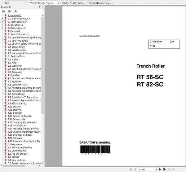 Wacker Neuson Trench Roller RT 56 SC Operators Manual Service Manual Spare Parts Catalog 0009026 1