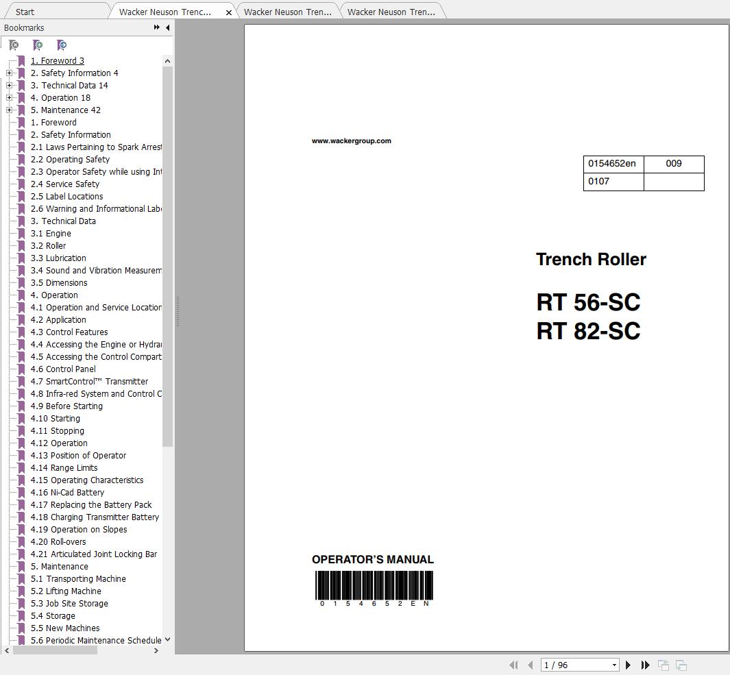 Wacker Neuson Trench Roller RT 56 SC Operators Manual Service Manual Spare Parts Catalog 0009026 1
