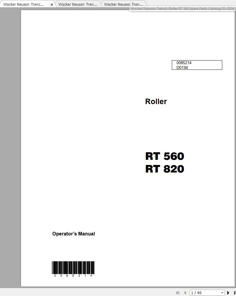Wacker Neuson Trench Roller RT 560 Operators Manual Service Manual Spare Parts Catalog 0006594 1