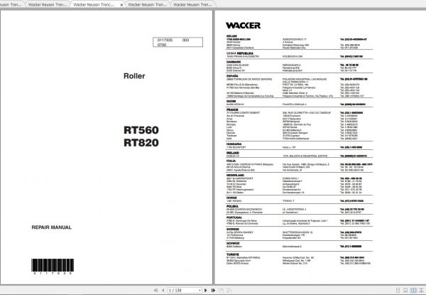Wacker Neuson Trench Roller RT 560 Operators Manual Service Manual Spare Parts Catalog 0009000 1