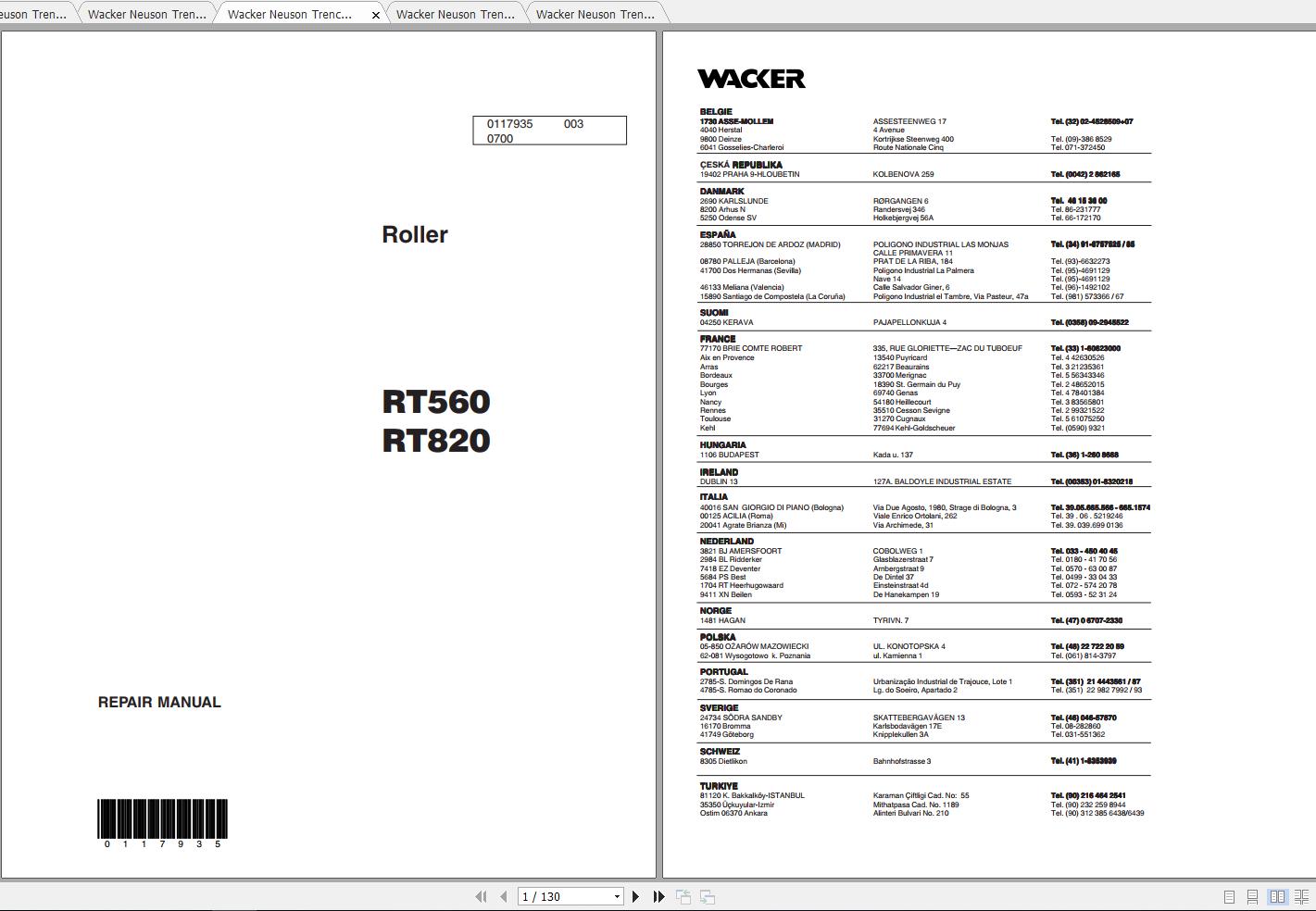 Wacker Neuson Trench Roller RT 560 Operators Manual Service Manual Spare Parts Catalog 0009000 1