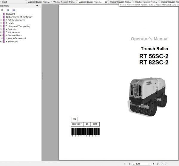 Wacker Neuson Trench Roller RT 82 SC2 Operators Manual Service Manual Spare Parts Catalog 0620293 1