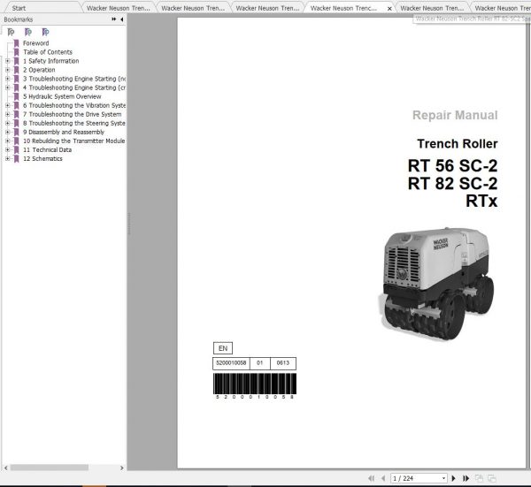 Wacker Neuson Trench Roller RT 82 SC2 Operators Manual Service Manual Spare Parts Catalog 0620293 2