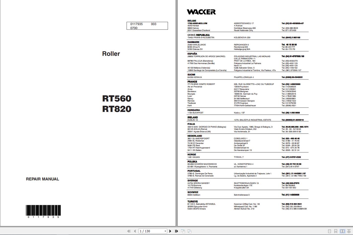 Wacker Neuson Trench Roller RT 820CC Operators Manual Service Manual Spare Parts Catalog 0009002 1