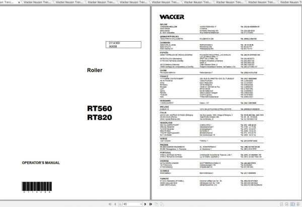 Wacker Neuson Trench Roller RT 820HT Operators Manual Service Manual Spare Parts Catalog 0007645 1
