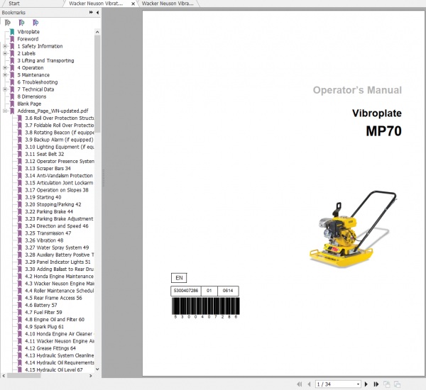 Wacker Neuson Vibratory Plates MP70 Operators Manual Spare Parts Catalog 0630243 1