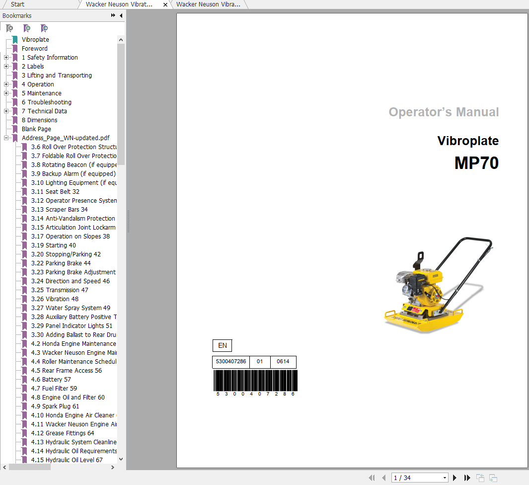 Wacker Neuson Vibratory Plates MP70 Operators Manual Spare Parts Catalog 0630243 1