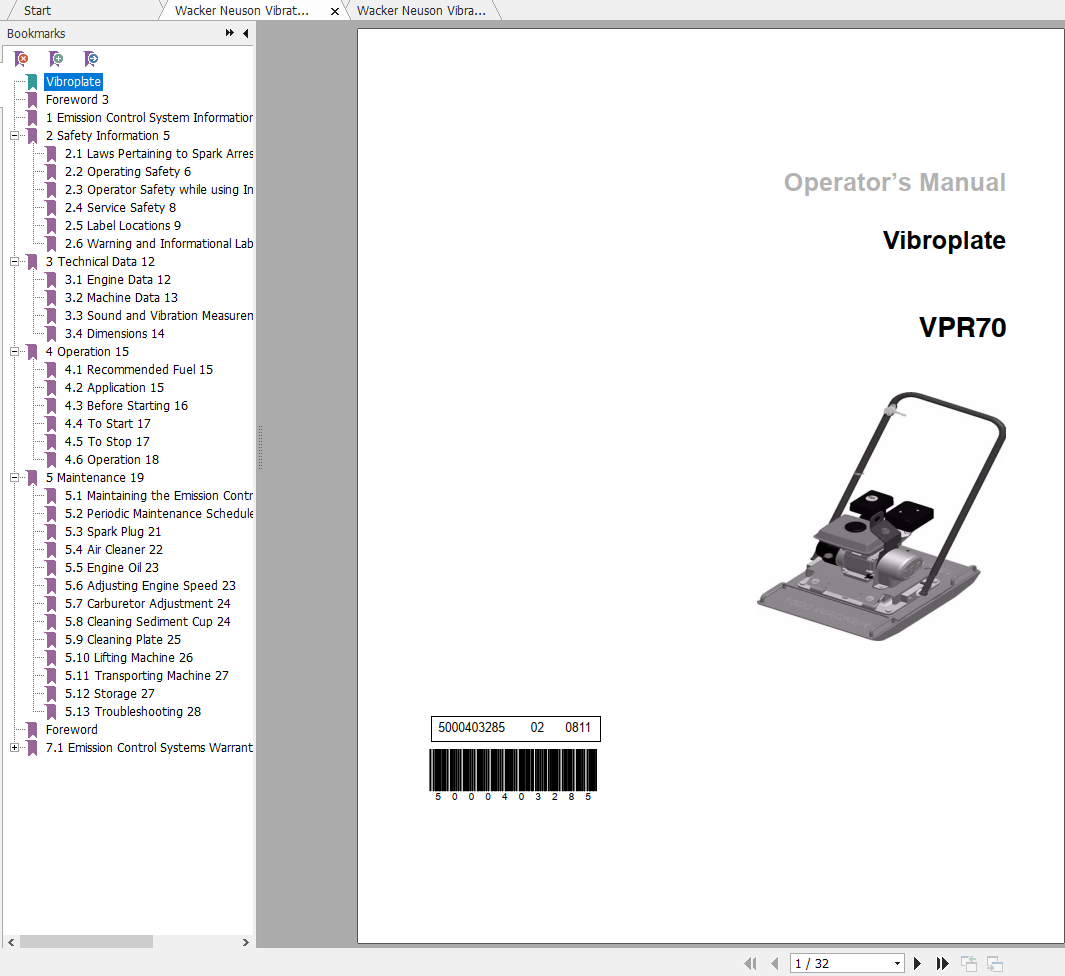 Wacker Neuson Vibratory Plates VPR70 Operators Manual Spare Parts Catalog 0006909 1
