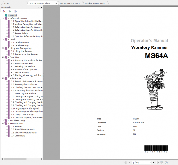 Wacker Neuson Vibratory Rammers MS64A Operator Manual Spare Parts Catalog 1