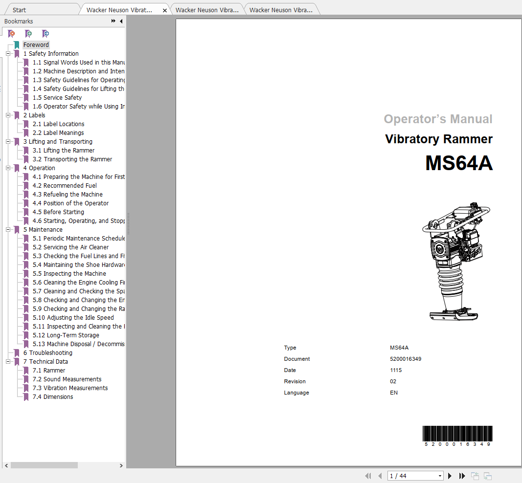 Wacker Neuson Vibratory Rammers MS64A Operator Manual Spare Parts Catalog 1