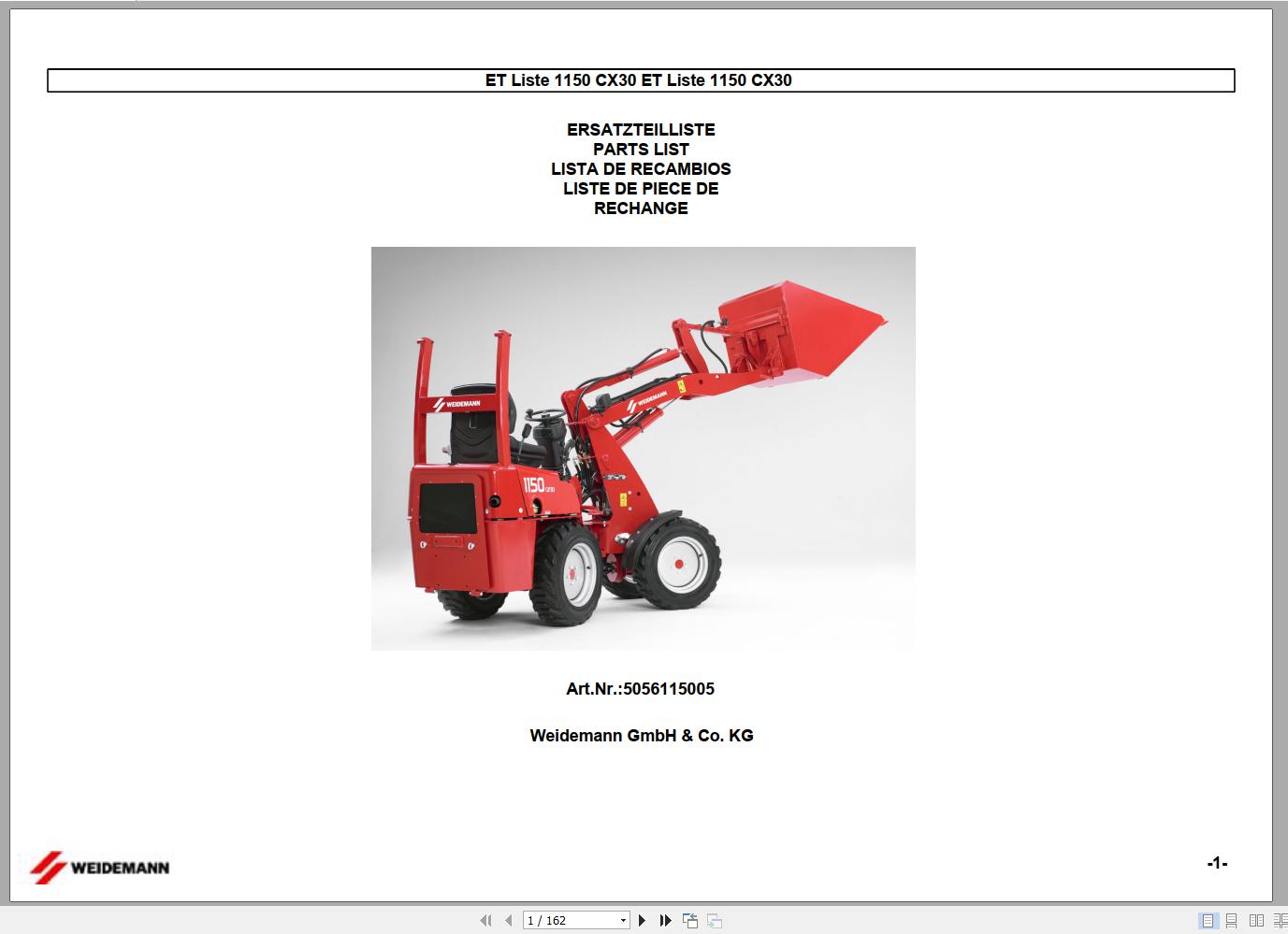 Wacker Neuson Weidemann Wheel Loaders 1150 CX30 Repair Parts Manual EN DE ES FR 1