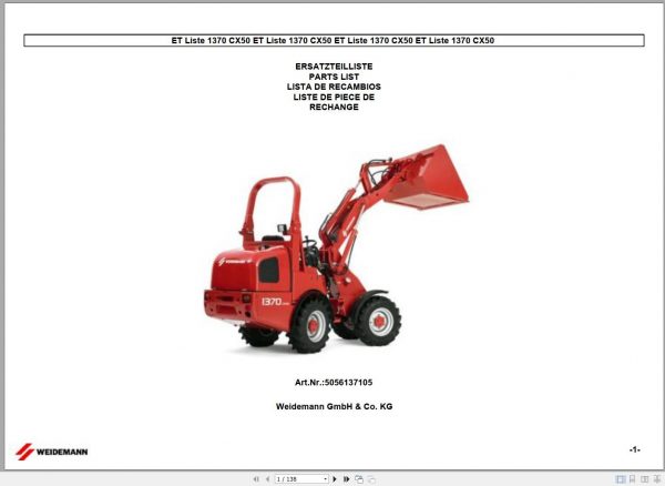 Wacker Neuson Weidemann Wheel Loaders 1370 CX50 Parts Manual 5056137105 EN DE FR 1